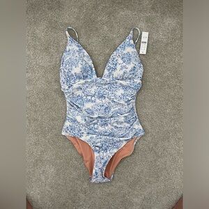 J. Crew Ruched One Piece Swim Blue Toile